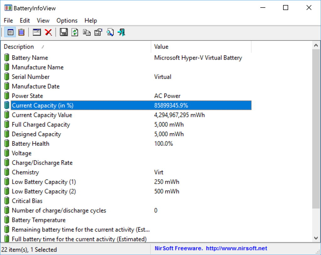 What you see inside the virtual machine if it thinks it has a battery, but the host does not.